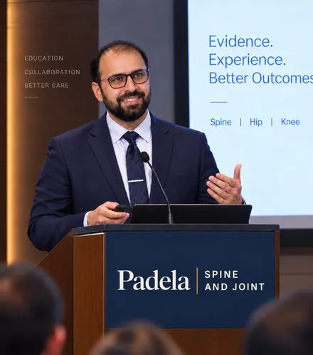 Dr. Padela speaking at a podium, with a presentation slide behind him