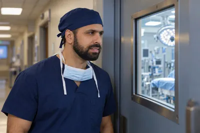 Dr. Padela in scrubs, looking through the window of an operating room door